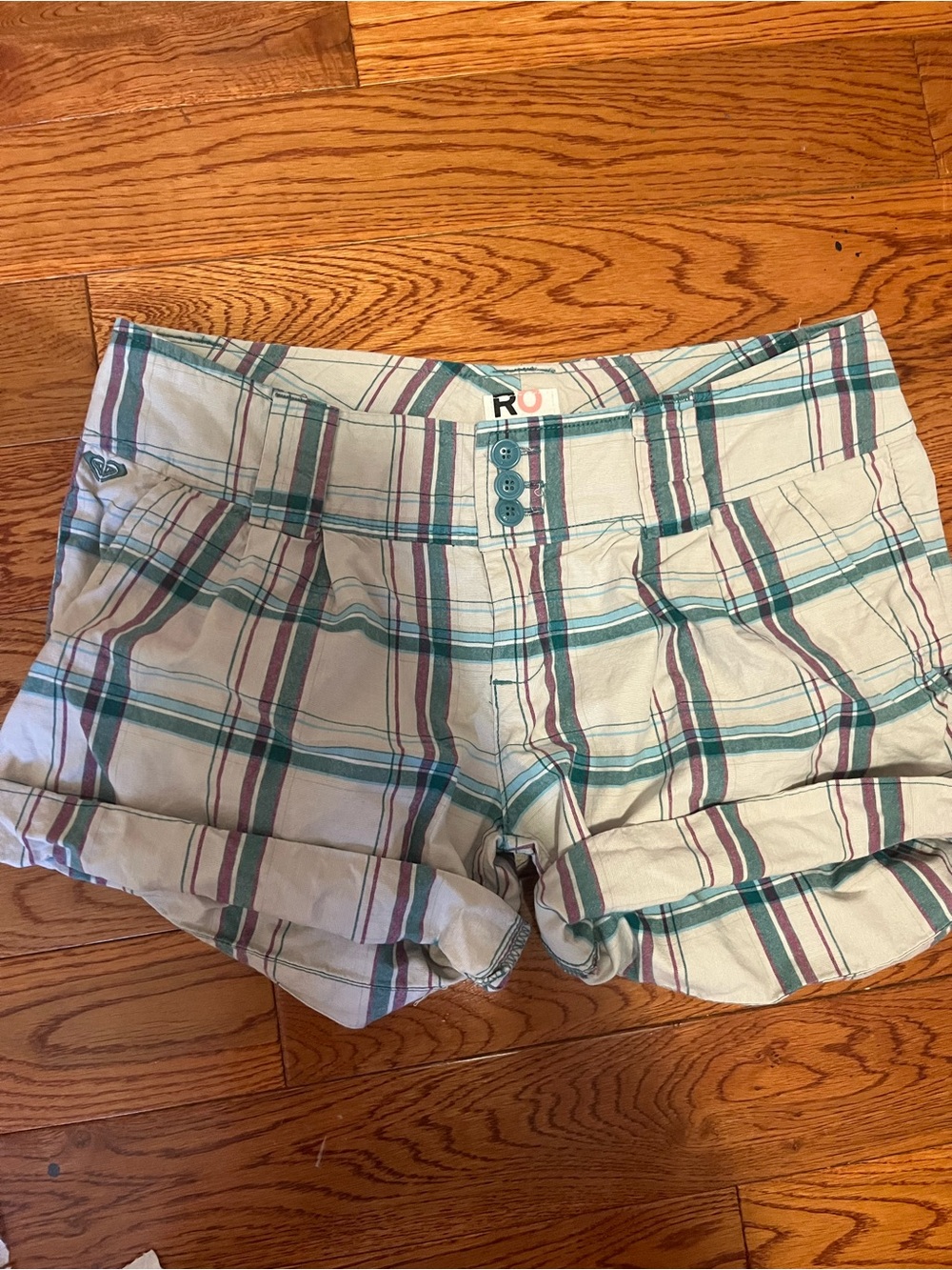 Roxy Plaid Roll-Cuff Shorts - Teal & Cream with Maroon Stripes
